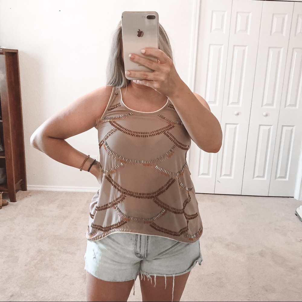 Sugarlips Tan Beaded Colorful Detail Tank Top S